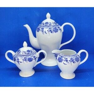 Baum Brothers Formalities Blue Rose Coffee Pot  Sugar & Creamer Set